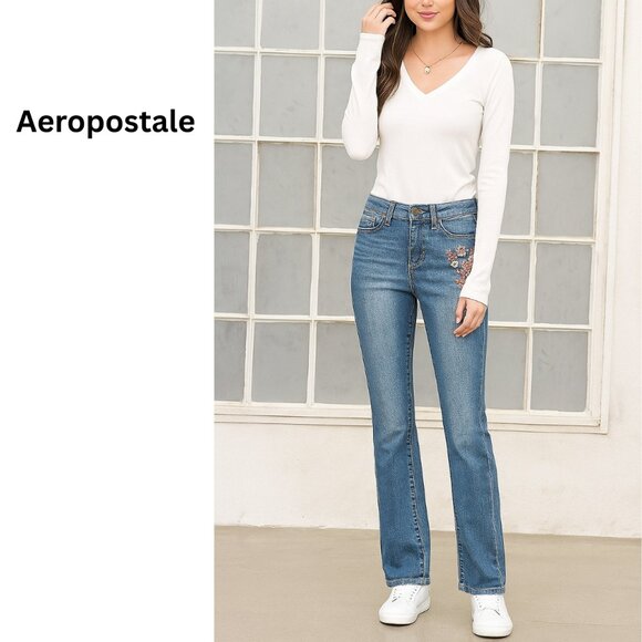 Aeropostale Floral Embroidered Blue Denim Jeans – Boho Y2K Vibe, Size 0 - Picture 1 of 11